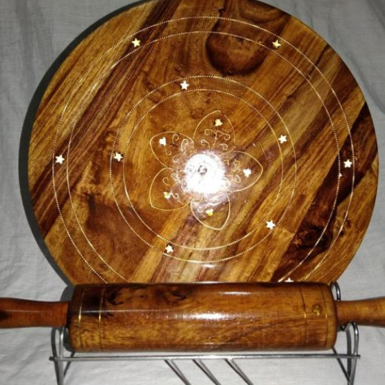Wooden Roti Maker With Brass Work, Handmade Bread Roller